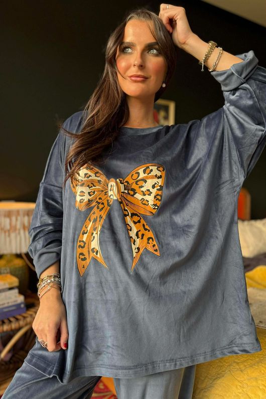 Binky Bow Soft Stretch Velour Lounge Suit Prussian Navy